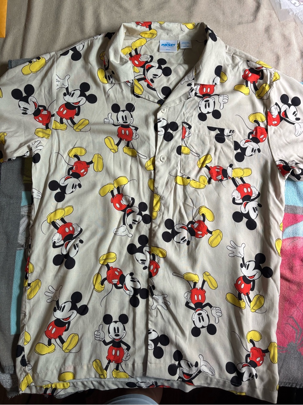 Disney Mickey Mouse Short-Sleeve Button-Up Shirt - Cream, Red, Yellow, Black